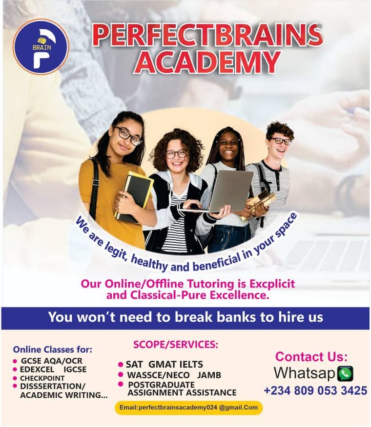 PerfectBrains Academy flyer — affordable online and offline tutoring: GCSE, IGCSE, Checkpoint, SAT, GMAT, IELTS, WASSCE, NECO and JAMB