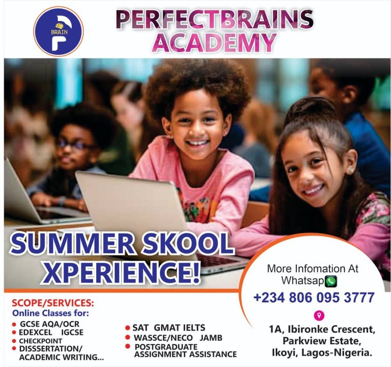 PerfectBrains Academy flyer — Summer Skool Experience with online classes for GCSE, IGCSE, Checkpoint, SAT, GMAT, IELTS and JAMB